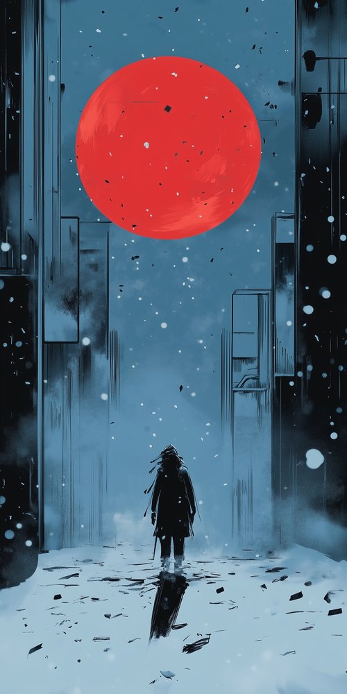A person walking through a snowy city wallpaper