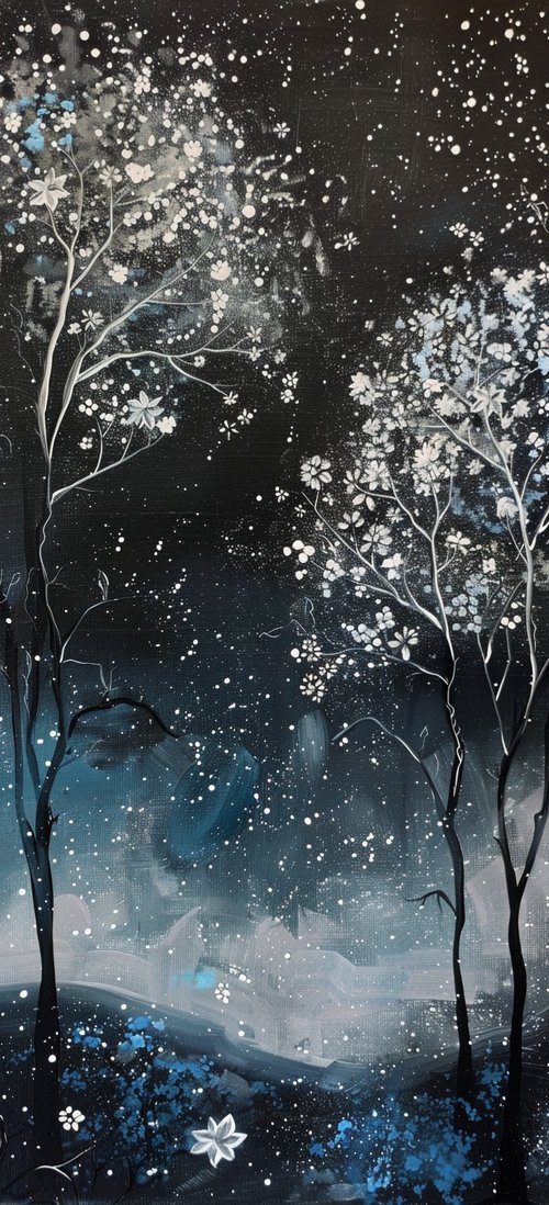 Starry night trees painting wallpaper