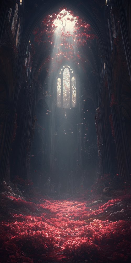 Gothic cathedral with red leaves wallpaper