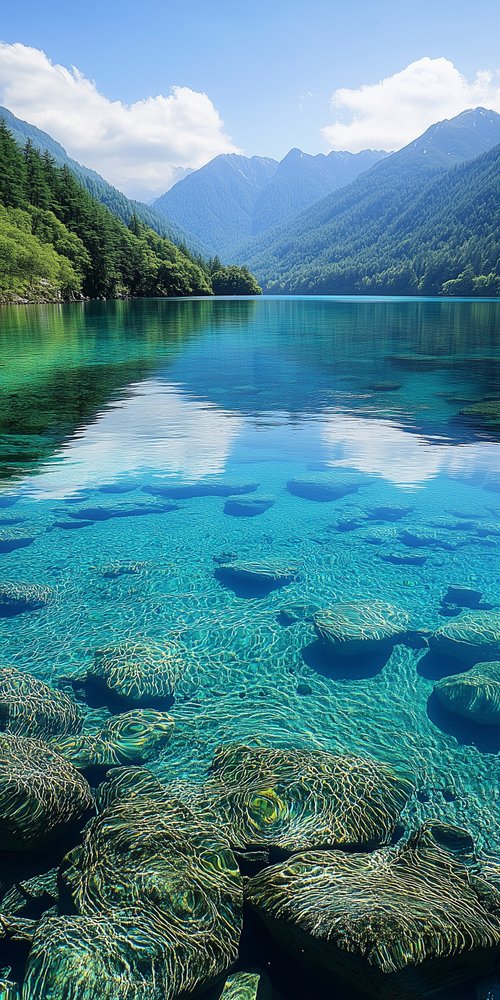 Clear lake with mountains background wallpaper