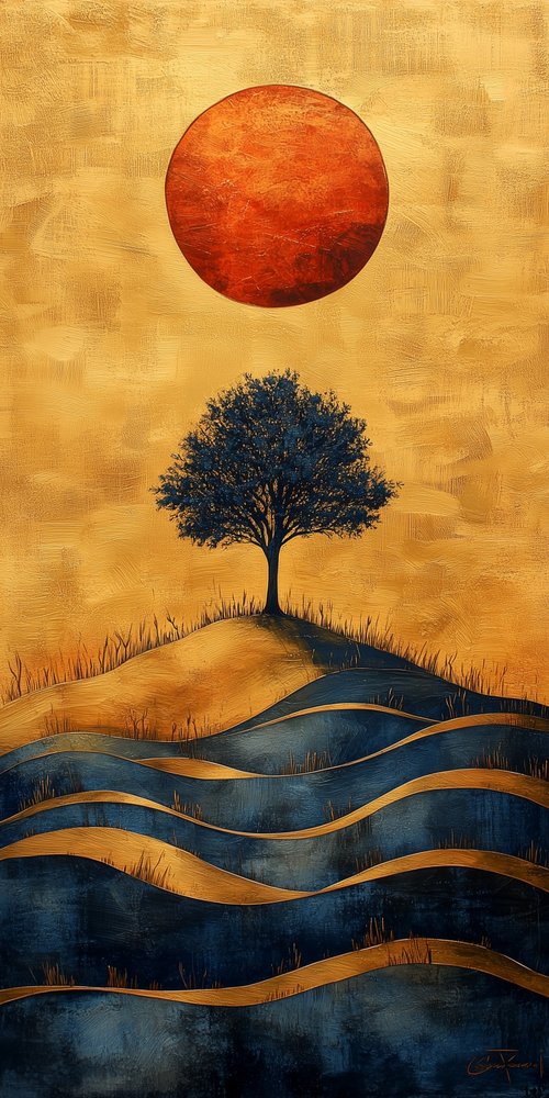Tree under large red sun wallpaper
