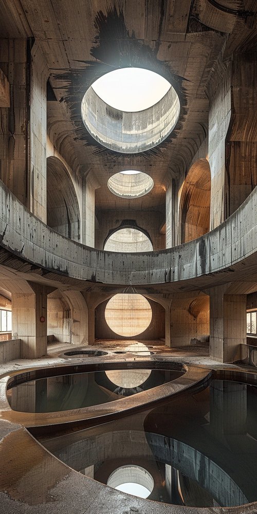 Abandoned concrete structure circular openings wallpaper