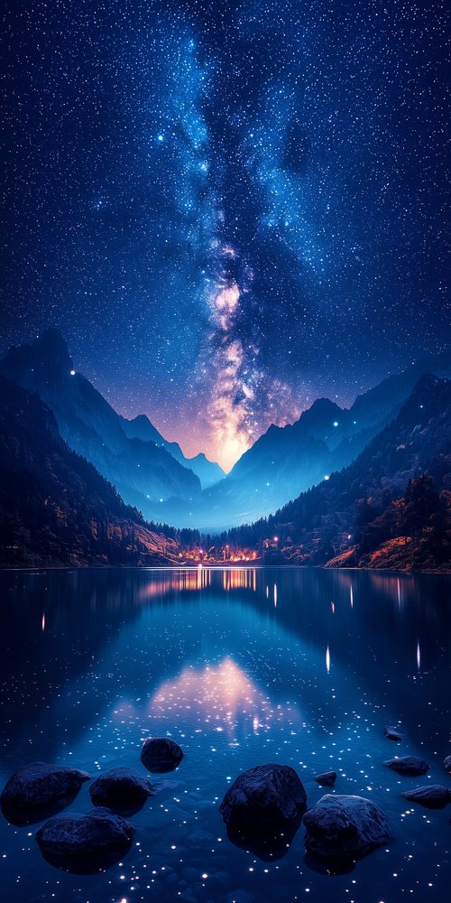 Starry sky over mountain lake wallpaper