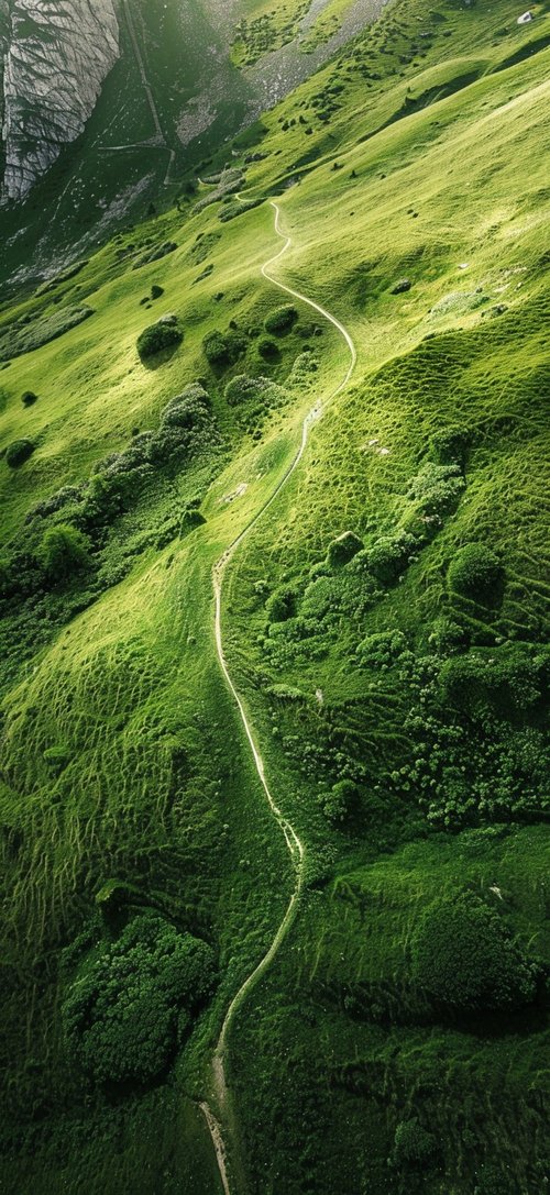 Winding path through green landscape wallpaper