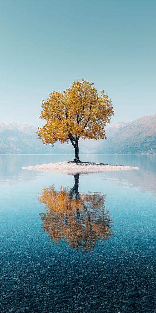 A tree in the middle of the lake beneath wallpaper
