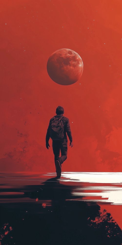 A man walking on a beach with a moon in the background wallpaper