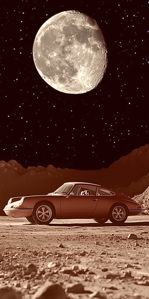 A car is parked in the desert under a full moon