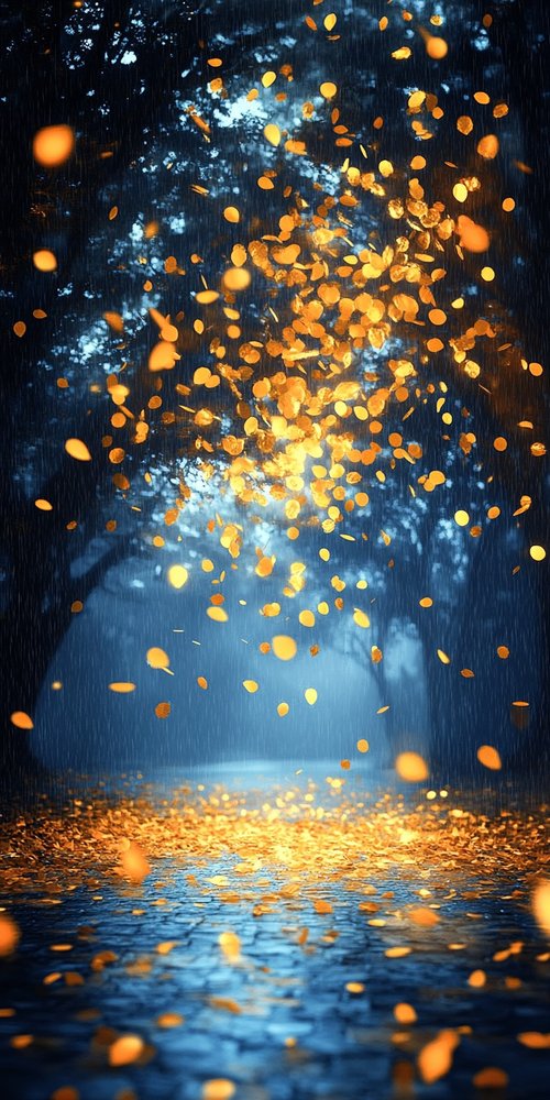Golden leaves in rainy forest wallpaper