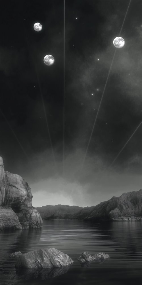 A black and white photo of a lake with rocks and a moon wallpaper