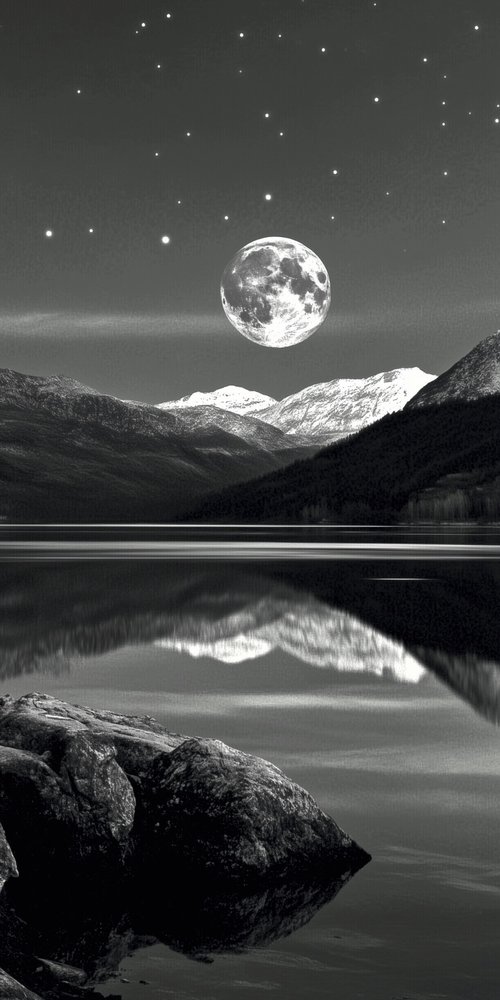 A black and white photo of a mountain lake wallpaper