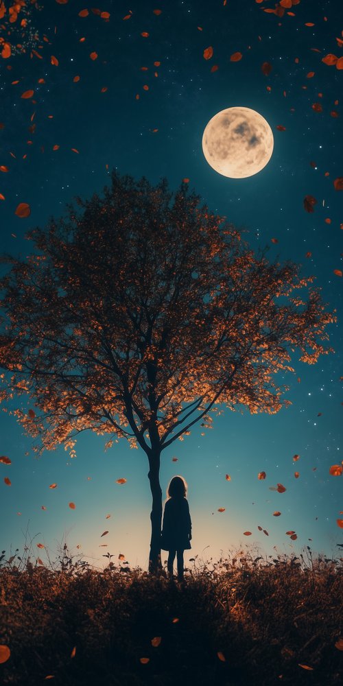 A person standing under a tree with leaves falling from the branches wallpaper