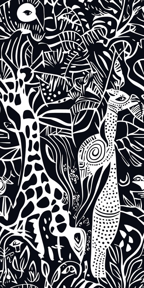 A black and white pattern with a cat wallpaper