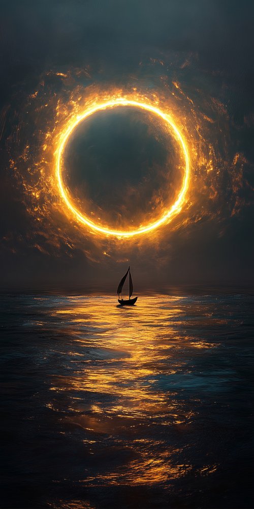 Boat under fiery ring sky wallpaper