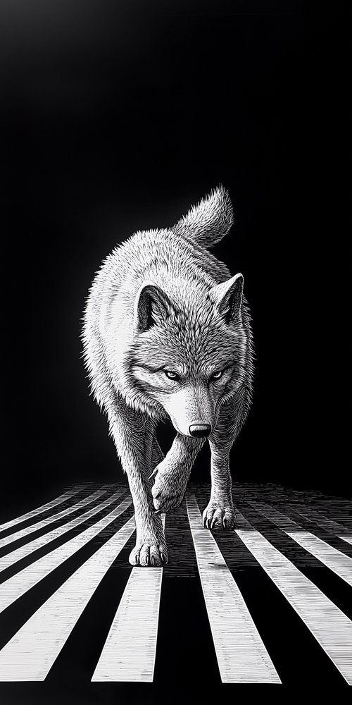 A black and white photo of a wolf wallpaper