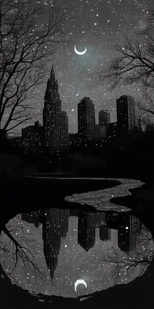 A cityscape with a moon and trees in the background wallpaper