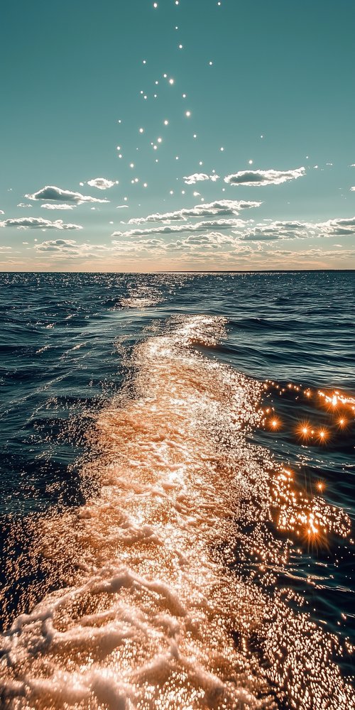 A boat is traveling through the ocean with the sun shining wallpaper