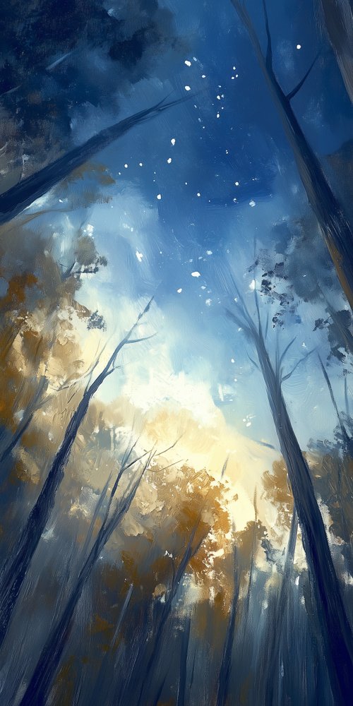 A painting of a forest with trees and a sky wallpaper