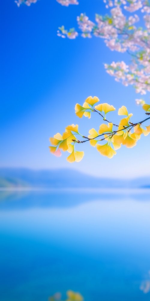 Yellow leaves blue sky water wallpaper