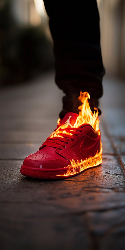 A person standing on a sidewalk with a pair of shoes on fire wallpaper