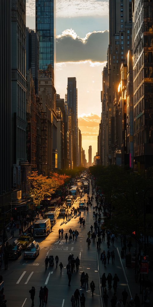 Sunset over busy city street wallpaper