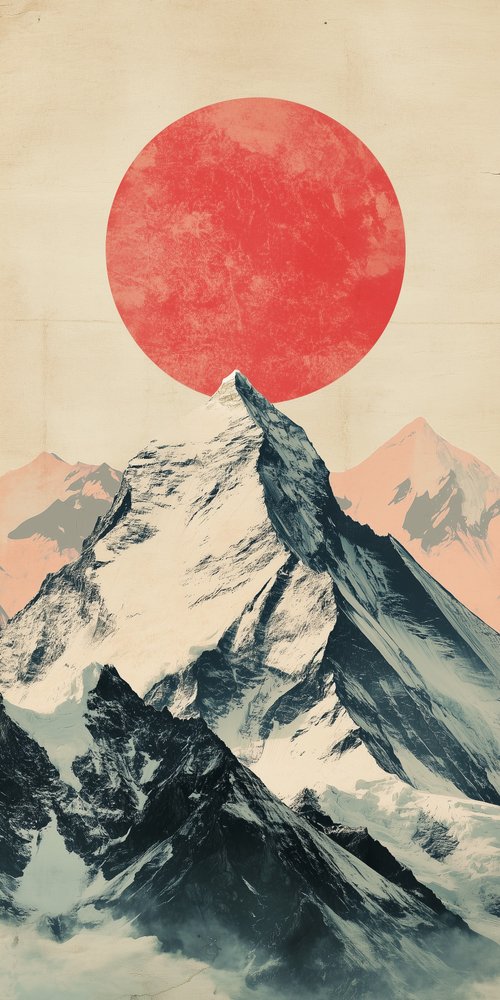 Mountain with large red sun wallpaper