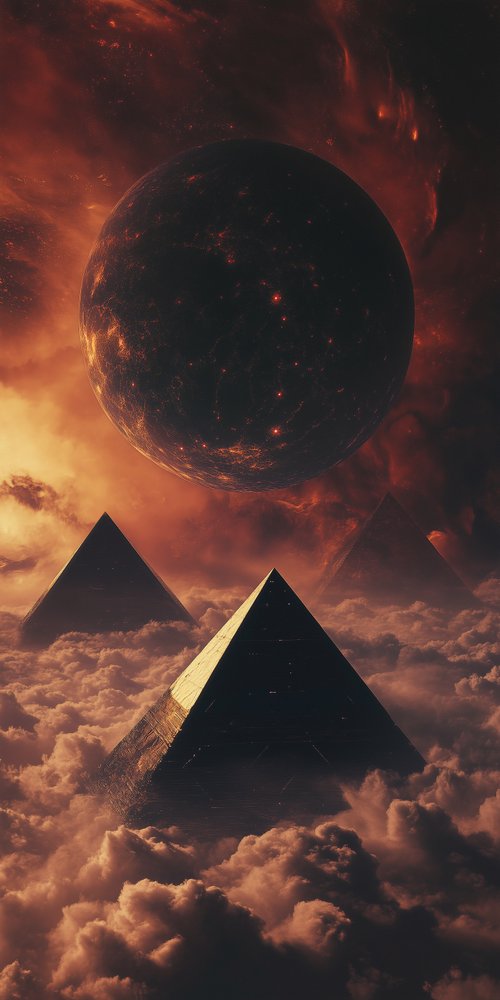 Pyramids beneath fiery planet wallpaper