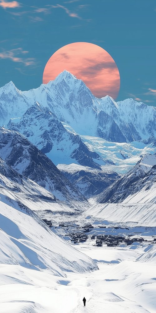 A person walking in the snow with a red sun in the background wallpaper