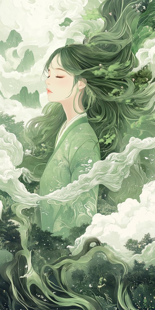 A woman with long hair and green hair is standing in the clouds wallpaper