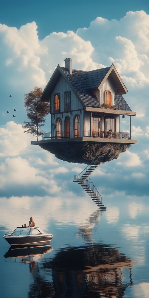 Floating house above water boat wallpaper