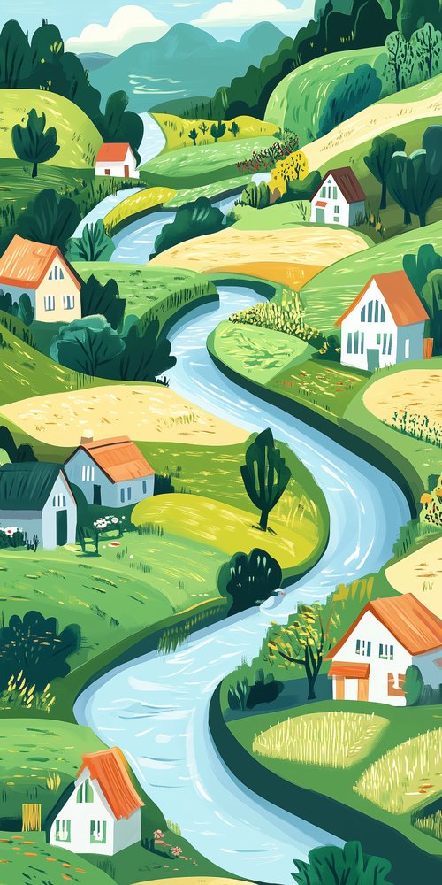 A landscape with houses and a river wallpaper