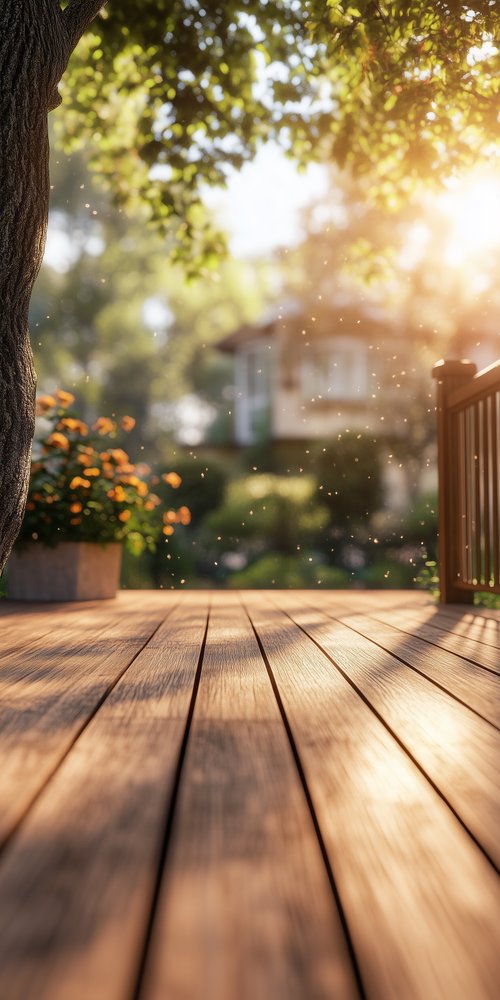 A wooden deck with a tree in the background wallpaper