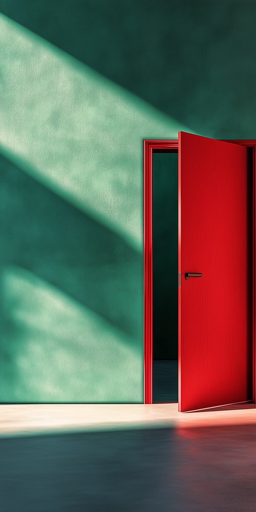 A red door in a green room wallpaper