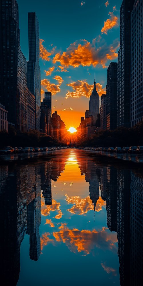 A city skyline with a reflection of the sun wallpaper