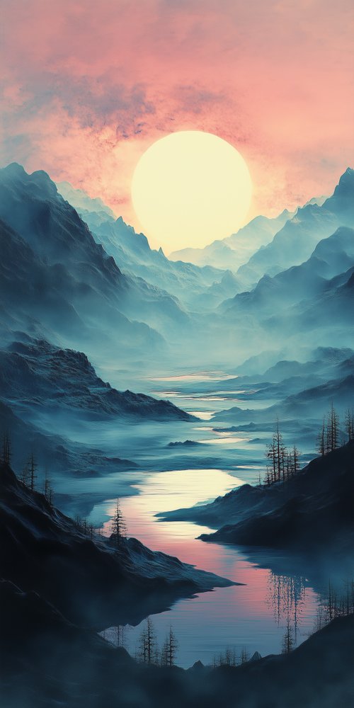 Sunset over misty mountains wallpaper