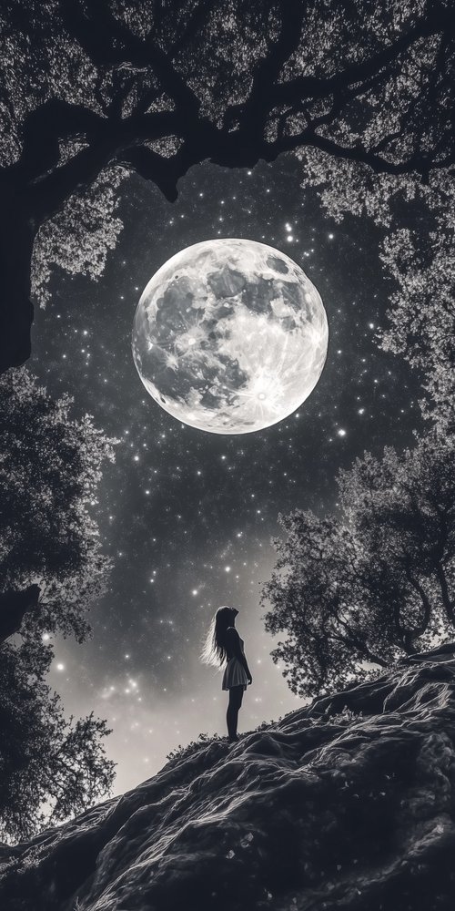 A person standing on a hill looking at the moon wallpaper