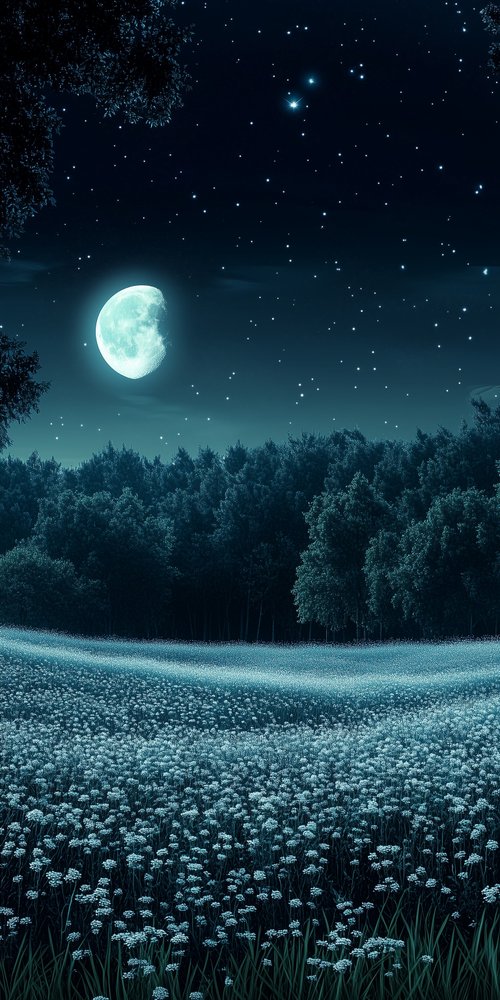 Moonlit field and forest night wallpaper