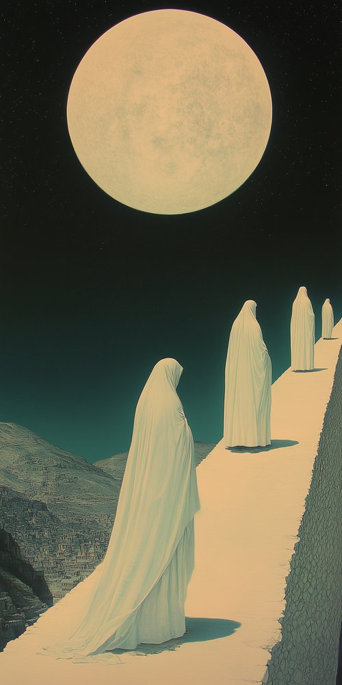 A group of ghosts walking down a hill wallpaper