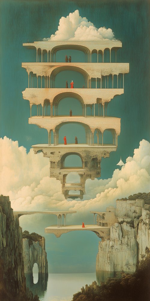 Surreal floating architectural structure wallpaper