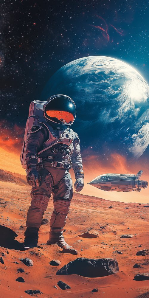 Astronaut on mars with spaceship wallpaper