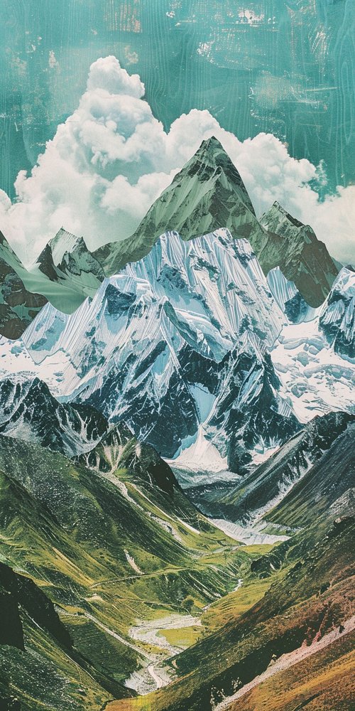 Mountainous landscape with snowy peaks wallpaper