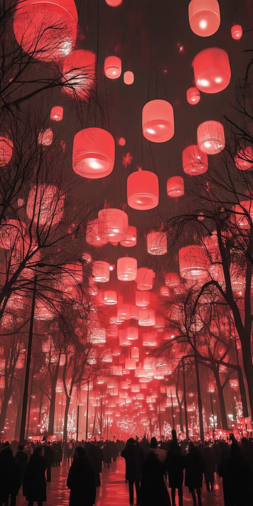 A group of people walking through a park under red lanterns wallpaper