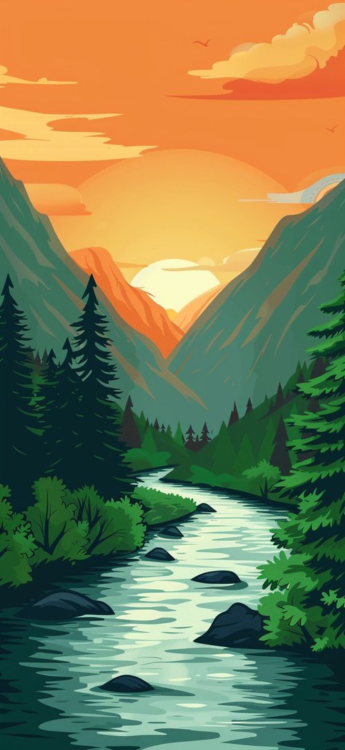 Sunset mountains river scene wallpaper