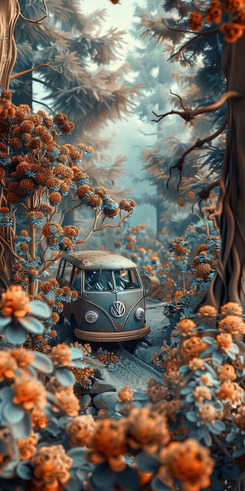 Vintage van in enchanted forest wallpaper
