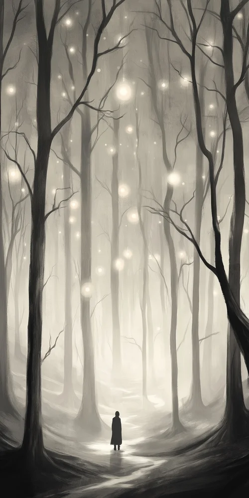 A person walking through a dark forest wallpaper