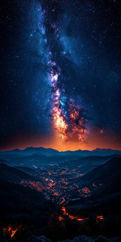 Starry sky over illuminated town wallpaper