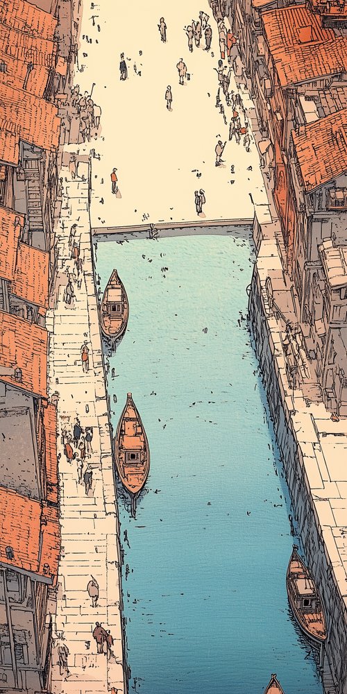 A painting of a canal with boats in the water wallpaper