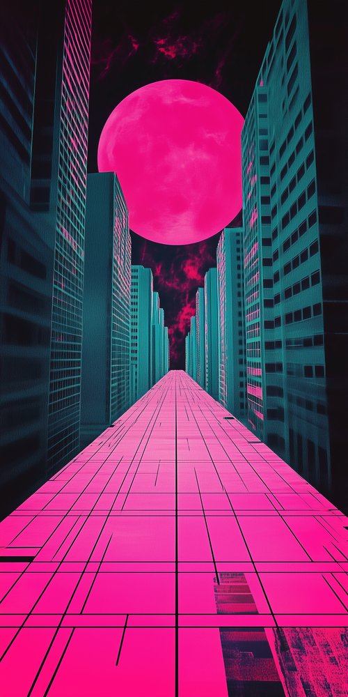A pink and black cityscape with a pink sky wallpaper